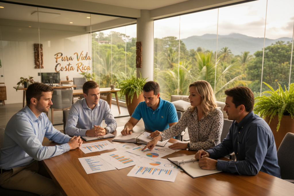 A stylish office environment in Costa Rica, featuring a diverse group of Caucasian professionals in business casual attire (polo and button-down shirts). In the foreground, a large wooden table is filled with colorful graphs and documents related to financial thresholds for residency. A professional woman is pointing at financial charts, while a man reviews a binder with a focused expression. In the middle ground, a bright window reveals a lush tropical landscape outside, giving a serene atmosphere. The background showcases a modern office setting with potted plants and Costa Rican decor. The lighting is warm and inviting, with natural light streaming through the window. Include the phrase "Pura Vida Costa Rica" subtly integrated into the design as an artistic element. A stylish office environment in Costa Rica, featuring a diverse group of Caucasian professionals in business casual attire (polo and button-down shirts). In the foreground, a large wooden table is filled with colorful graphs and documents related to financial thresholds for residency. A professional woman is pointing at financial charts, while a man reviews a binder with a focused expression. In the middle ground, a bright window reveals a lush tropical landscape outside, giving a serene atmosphere. The background showcases a modern office setting with potted plants and Costa Rican decor. The lighting is warm and inviting, with natural light streaming through the window. Include the phrase "Pura Vida Costa Rica" subtly integrated into the design as an artistic element.
