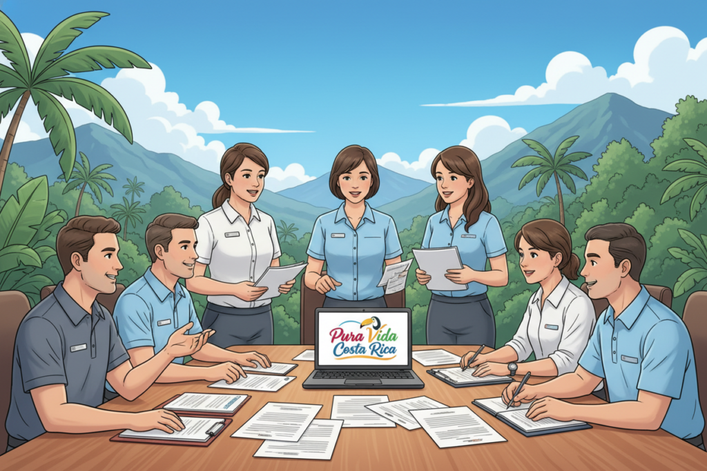 A vibrant and informative illustration depicting the Costa Rica residency process through CRIE (crie.cr). In the foreground, a diverse group of professionals in business casual attire (Caucasian staff wearing polos and button-down shirts) are engaged in discussions over documents. The middle layer features a large table scattered with important paperwork and a laptop displaying the "Pura Vida Costa Rica" logo. In the background, a serene Costa Rican landscape, highlighting lush greenery and distant mountains under a bright blue sky, adds an uplifting vibe. Soft, natural lighting illuminates the scene, creating a warm and inviting atmosphere. The angle focuses on the interaction among the staff, emphasizing cooperation and professionalism, with no text or overlays present.