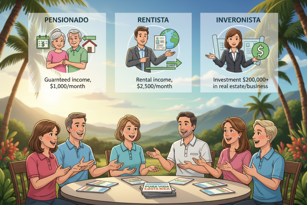 A vibrant and informative illustration depicting the three Costa Rica residency categories: Pensionado, Rentista, and Inversionista. In the foreground, a diverse group of Caucasian individuals dressed in business casual attire—polos and button-down shirts—engage in a discussion with enthusiasm, symbolizing the options available for residency. In the middle ground, a table displays informational brochures for each category, with the logo "Pura Vida Costa Rica" prominently featured. The background features lush green scenery typical of Costa Rica, with palm trees and a gently rolling hillside under a clear blue sky. Soft, natural lighting cascades across the scene, enhancing a warm and inviting atmosphere, perfect for exploring new life opportunities in Costa Rica.