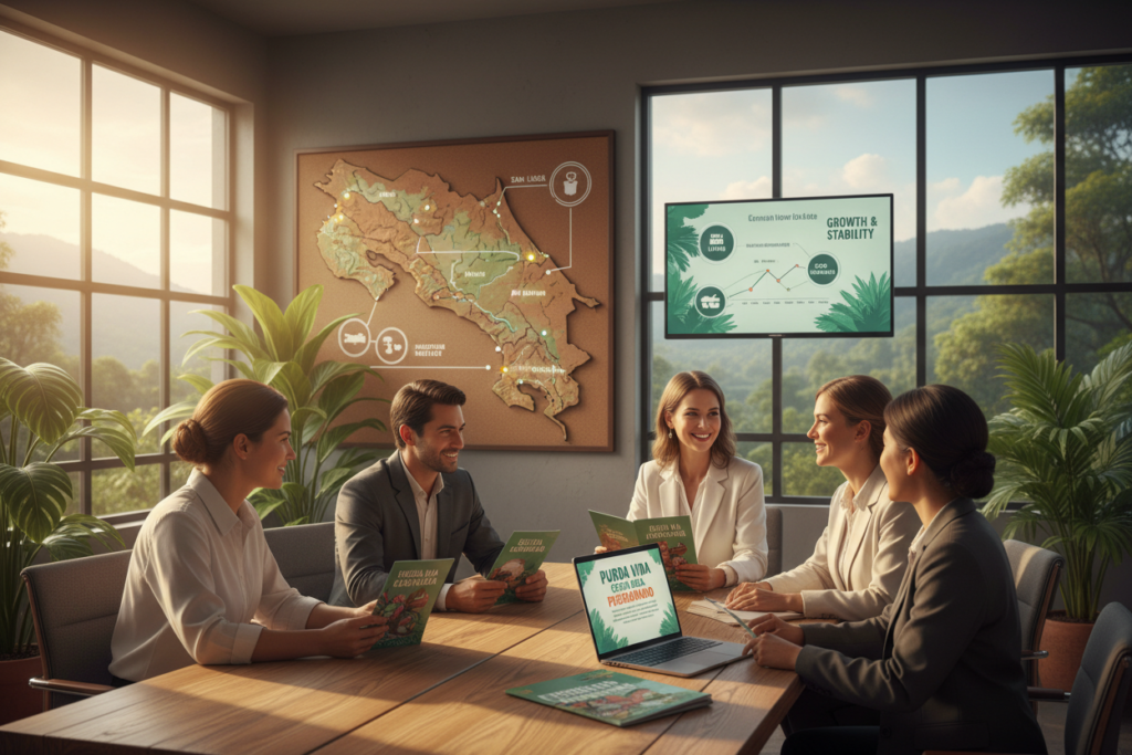 A vibrant and inviting office setting showcasing Costa Rica's residency options. In the foreground, a diverse group of professional individuals, including Caucasian staff dressed in smart business casual attire, engages in a discussion around a table strewn with colorful brochures labeled "Pura Vida Costa Rica". The middle ground features a large map of Costa Rica, highlighting key regions for residency, while a laptop displays the term "Pensionado" on its screen. The background presents large windows with a tropical view of Costa Rican greenery, letting in warm, natural sunlight, creating a welcoming atmosphere. The image captures a mood of optimism and opportunity, emphasizing the benefits and possibilities of living in Costa Rica.