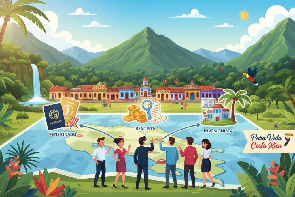 A vibrant illustration depicting the residency pathways in Costa Rica, focusing on three categories: Pensionado, Rentista, and Inversionista. In the foreground, a diverse group of individuals in professional business casual attire (polo/button-down shirts) gather around a large map of Costa Rica, examining it with enthusiasm. The middle ground features iconic Costa Rican landmarks such as lush green mountains and colorful traditional architecture, creating a sense of place. In the background, the tropical jungle merges with the bright blue sky, symbolizing opportunities in this beautiful country. Soft, warm lighting enhances the inviting atmosphere, while the brand name "Pura Vida Costa Rica" subtly appears on a promotional banner nearby. The overall mood is optimistic and engaging, highlighting the avenues for residency in a culturally rich environment.