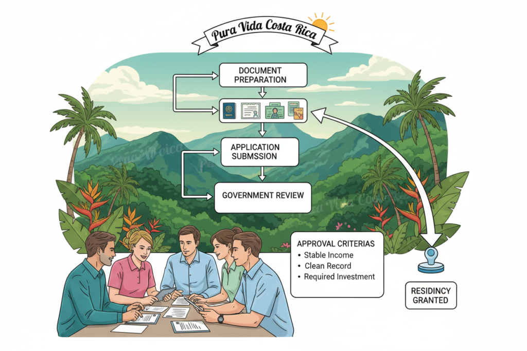 A vibrant, informative illustration of the Costa Rica residency process, showcasing a structured flowchart design. In the foreground, a diverse group of Caucasian staff members in business casual attire (polo and button-down shirts) engage in discussion over documents, symbolizing the application process. In the middle, a detailed depiction of steps such as 'Document Preparation,' 'Application Submission,' and 'Approval Criteria,' flowing in a clear manner to guide viewers. In the background, an artistic representation of iconic Costa Rican landscapes—lush mountains and tropical flora—sets a serene yet professional atmosphere. Soft natural lighting enhances the scene, captured from a slightly elevated angle to provide a comprehensive view. The branding "Pura Vida Costa Rica" is subtly integrated into the design, reflecting positivity and hope in the residency journey.