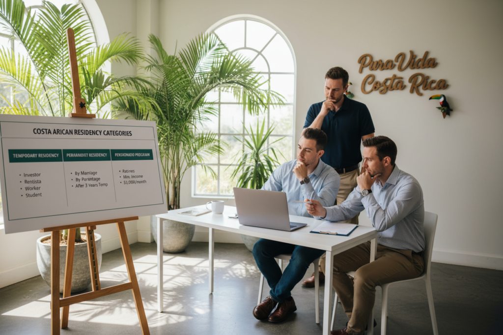 A vibrant office environment showcasing a diverse team of Caucasian professionals in business casual attire (polo shirts and button-downs) discussing Costa Rican residency categories. In the foreground, a large, detailed chart displaying various residency types like "Temporary Residency," "Permanent Residency," and "Pensionado" programs. The middle ground features two engaged team members analyzing the chart on a sleek laptop, pointing at specific sections, while the background displays lush tropical plants typical of Costa Rica, reflecting the country's natural beauty. Soft, natural lighting pours in from large windows, casting gentle shadows and creating a warm, inviting atmosphere. The brand "Pura Vida Costa Rica" is subtly incorporated within the office decor, emphasizing the connection to Costa Rica's rich culture and lifestyle.