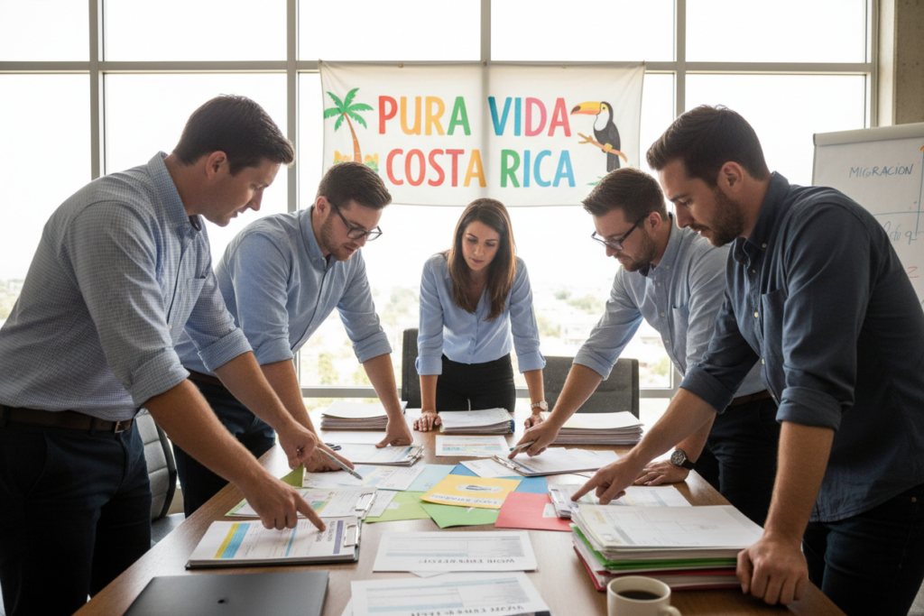 A vibrant office setting illustrating the Costa Rica work permit renewal process. In the foreground, a diverse group of Caucasian staff members, dressed in business casual attire (polo shirts and button-downs), are engaged in a collaborative discussion around a large table filled with paperwork and colorful documents related to work permits. The middle ground features a wall adorned with a "Pura Vida Costa Rica" banner, symbolizing the essence of Costa Rica’s welcoming atmosphere. In the background, bright windows allow natural sunlight to stream in, casting soft shadows and creating a warm, inviting mood. The image should convey the importance and professionalism of the work permit renewal process, with a focus on teamwork, organization, and clarity. The angle should be slightly elevated to capture the scene's depth and dynamics.