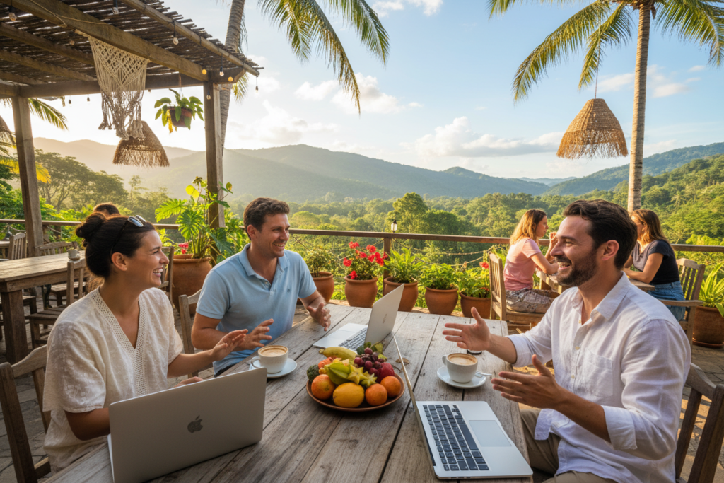 A vibrant scene depicting the "Pura Vida Costa Rica" lifestyle, featuring a small group of Caucasian digital nomads in business casual attire, such as polo shirts and button-downs. They are engaged in a lively discussion at a cozy outdoor café with lush tropical plants surrounding them. In the foreground, a wooden table holds laptops, fresh coffee, and colorful local fruits. The middle ground reveals the café's welcoming atmosphere with rustic decor, while the background showcases a stunning view of Costa Rica's lush mountains and clear blue skies. Soft sunlight filters through the trees, creating a warm and inviting mood, captured with a wide-angle lens to enhance the sense of community and engagement in this beautiful setting. A vibrant scene depicting the "Pura Vida Costa Rica" lifestyle, featuring a small group of Caucasian digital nomads in business casual attire, such as polo shirts and button-downs. They are engaged in a lively discussion at a cozy outdoor café with lush tropical plants surrounding them. In the foreground, a wooden table holds laptops, fresh coffee, and colorful local fruits. The middle ground reveals the café's welcoming atmosphere with rustic decor, while the background showcases a stunning view of Costa Rica's lush mountains and clear blue skies. Soft sunlight filters through the trees, creating a warm and inviting mood, captured with a wide-angle lens to enhance the sense of community and engagement in this beautiful setting.