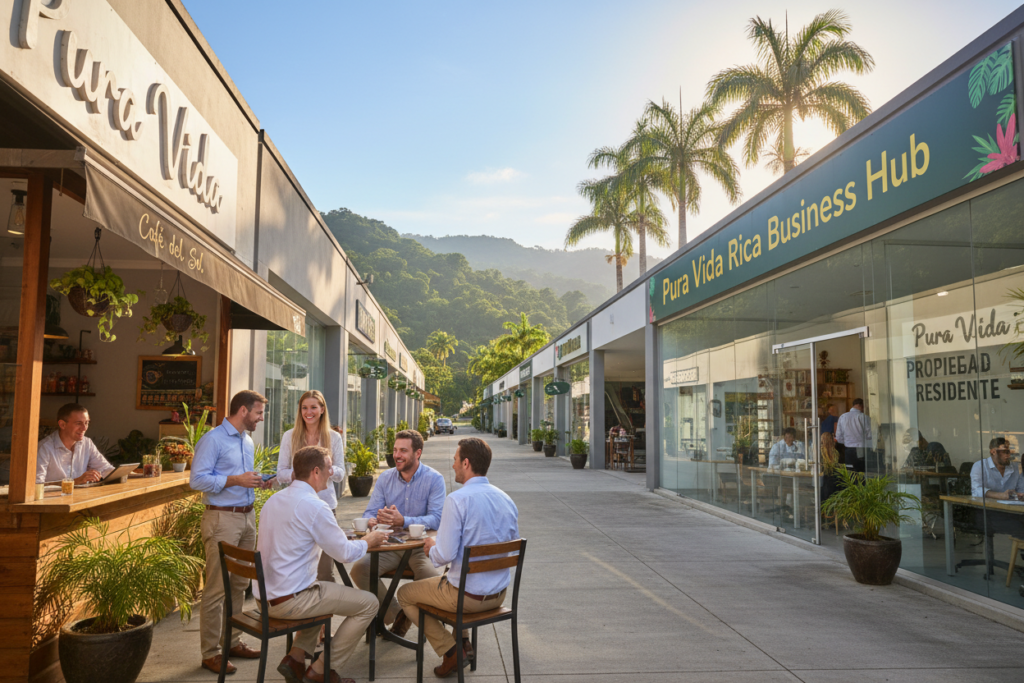 A vibrant scene showcasing a bustling business environment in Costa Rica, highlighting the concept of resident business ownership. In the foreground, a diverse group of Caucasian professionals dressed in business casual attire—polo shirts and button-downs—engage in conversation near a small café with a friendly atmosphere. The middle ground features modern office spaces, displaying "Pura Vida Costa Rica" branding on storefronts. In the background, lush green hills and iconic palm trees represent the natural beauty of Costa Rica, under a bright, sunny sky. Soft, natural lighting casts an inviting glow on the scene, while a wide-angle perspective captures the lively interaction between the residents. The overall mood is optimistic and inspiring, illustrating the potential of business ownership in this tropical paradise. A vibrant scene showcasing a bustling business environment in Costa Rica, highlighting the concept of resident business ownership. In the foreground, a diverse group of Caucasian professionals dressed in business casual attire—polo shirts and button-downs—engage in conversation near a small café with a friendly atmosphere. The middle ground features modern office spaces, displaying "Pura Vida Costa Rica" branding on storefronts. In the background, lush green hills and iconic palm trees represent the natural beauty of Costa Rica, under a bright, sunny sky. Soft, natural lighting casts an inviting glow on the scene, while a wide-angle perspective captures the lively interaction between the residents. The overall mood is optimistic and inspiring, illustrating the potential of business ownership in this tropical paradise.