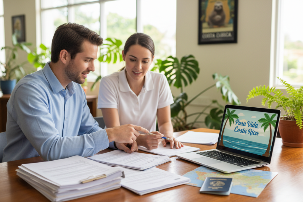 A vibrant workspace depicting the essential document preparation for Costa Rica residency. In the foreground, a neatly organized desk with documents, a laptop displaying the logo "Pura Vida Costa Rica", and a passport with Costa Rican imagery. The middle ground features a diverse group of two Caucasian staff members wearing business casual attire—one in a light blue button-down and the other in a white polo. They are reviewing the documents, focused and engaged, showcasing a professional yet approachable atmosphere. The background is softly blurred, revealing a bright office space with tropical plants and natural light streaming in through large windows, creating an inviting mood. The overall tone is one of diligence and positivity, reflecting the preparation process.