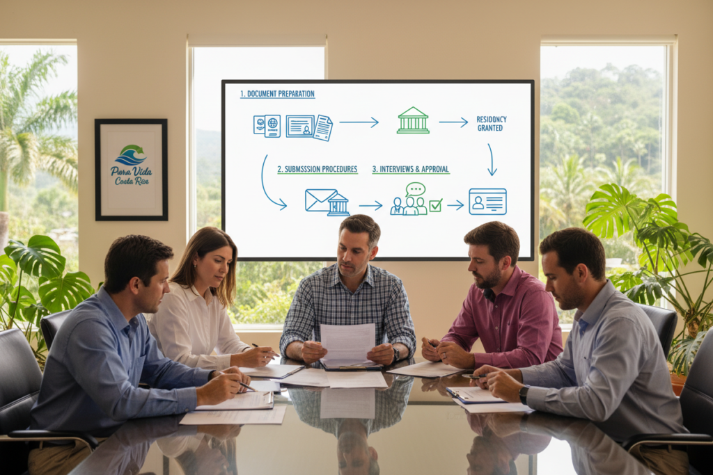 A visual representation of the Costa Rica residency application process steps, designed for a professional audience. In the foreground, a diverse group of Caucasian staff in business casual attire (polo/button-down shirts) are gathered around a large table, reviewing documents and discussing the steps visually laid out on a board. In the middle ground, clear infographics display the steps involved in the application process, including document preparation, submission procedures, and interviews, with arrows guiding the viewer's eye. The background features a bright and airy office setting with Costa Rican elements like tropical plants and a framed "Pura Vida Costa Rica" logo on the wall. Warm, natural lighting illuminates the scene, creating a collaborative and inviting atmosphere, highlighting the clarity and professionalism of the process.