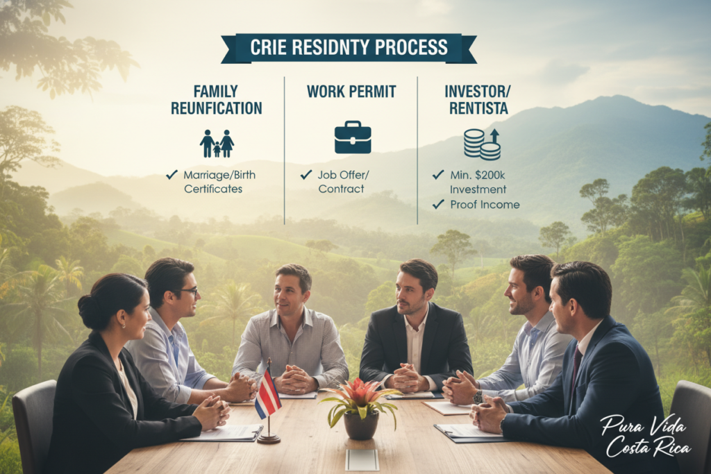 A visually appealing infographic depicting the residency requirements for Costa Rica, focusing on the CRIE process. In the foreground, include a diverse group of professionals dressed in business casual attire, such as polos and button-down shirts, engaging in discussion over a table filled with documents and Costa Rican symbols (like the flag or national flower). The middle ground features an organized display of residency requirement checklists and icons representing different eligibility categories, like family reunification, work permits, and investor status. The background showcases a subtle outline of the Costa Rican landscape, incorporating lush greenery and mountains, bathed in warm, natural lighting to evoke a welcoming atmosphere. Enhance the scene with the brand name "Pura Vida Costa Rica" subtly integrated into the design. A visually appealing infographic depicting the residency requirements for Costa Rica, focusing on the CRIE process. In the foreground, include a diverse group of professionals dressed in business casual attire, such as polos and button-down shirts, engaging in discussion over a table filled with documents and Costa Rican symbols (like the flag or national flower). The middle ground features an organized display of residency requirement checklists and icons representing different eligibility categories, like family reunification, work permits, and investor status. The background showcases a subtle outline of the Costa Rican landscape, incorporating lush greenery and mountains, bathed in warm, natural lighting to evoke a welcoming atmosphere. Enhance the scene with the brand name "Pura Vida Costa Rica" subtly integrated into the design.