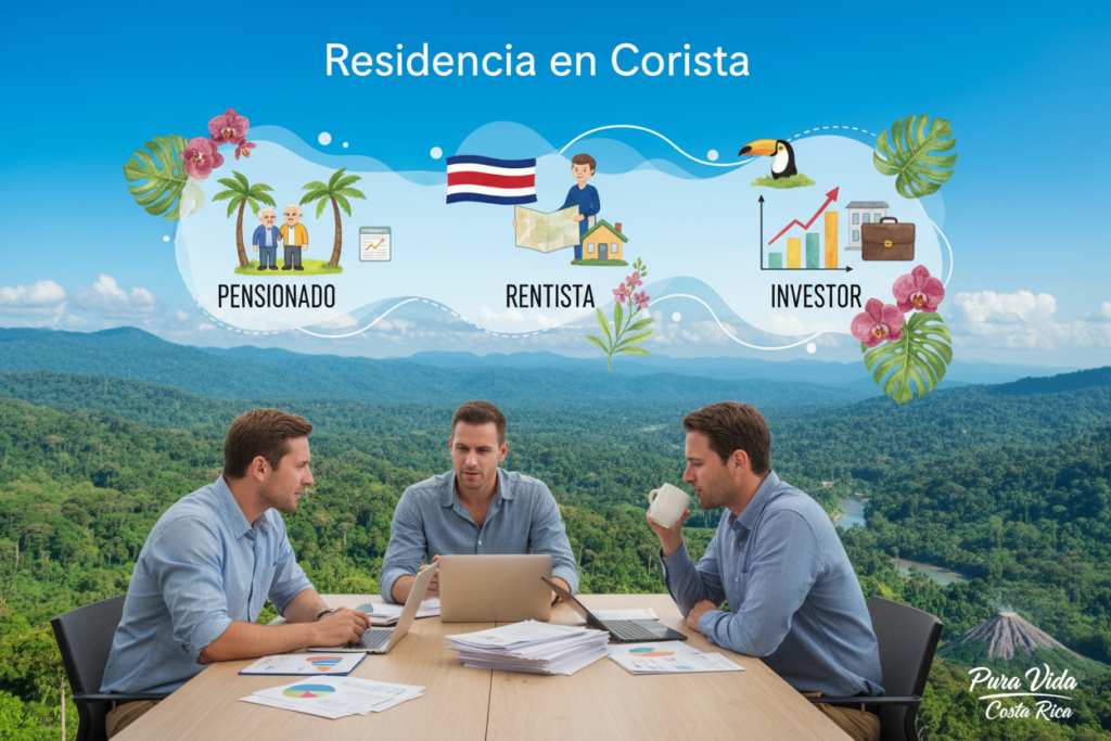 A visually engaging and informative illustration depicting the categories of residency in Costa Rica, specifically focused on the concept of "Residencia en Costa Rica." The foreground features a diverse group of three Caucasian individuals in business casual attire (polo shirts and button-downs) discussing residency details over a table with laptops and paperwork. In the middle, a colorful infographic-style representation of the various residency categories, such as "Pensionado," "Rentista," and "Investor," is creatively interspersed with Costa Rican symbols like the national flag and tropical foliage. The background showcases a serene Costa Rican landscape with lush greenery and mountains under a clear blue sky. Soft, natural lighting casts a warm and welcoming atmosphere, highlighting the professional yet friendly mood of the scene. The brand name "Pura Vida Costa Rica" is subtly incorporated into the design.