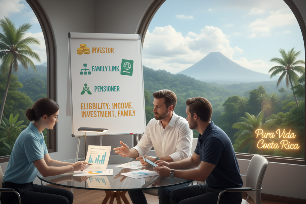 A visually engaging illustration depicting the Costa Rican residency eligibility criteria. In the foreground, a diverse group of three Caucasian professionals dressed in business casual attire (polo and button-down shirts) are gathered around a stylish conference table, examining colorful charts and documents detailing residency options. The middle layer showcases a large flip chart featuring key criteria illustrated in vibrant colors. In the background, the lush greenery of Costa Rica is visible through a large window, hinting at the country's natural beauty. Soft, warm lighting creates an inviting and informative atmosphere, with the brand name "Pura Vida Costa Rica" subtly integrated into the design. The composition should have a dynamic angle to emphasize engagement and collaboration.
