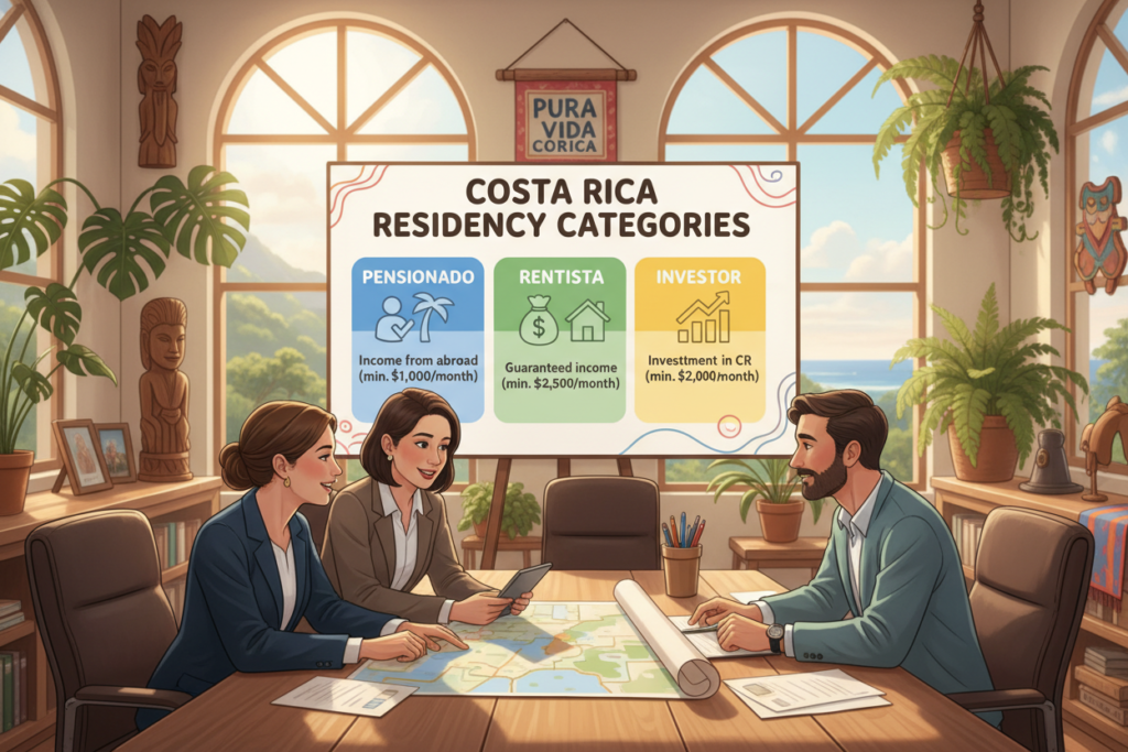 A visually engaging illustration of "Costa Rica residency categories," showcasing three distinct groupings in a professional setting. In the foreground, depict a diverse group of Caucasian staff dressed in business casual attire, engaging in a discussion around a table filled with documents and a map of Costa Rica. The middle ground features a large chart outlining various residency categories such as "Pensionado," "Rentista," and "Investor," designed in a colorful and clear format. In the background, light filters through large windows, casting soft shadows and creating an inviting atmosphere typical of a Costa Rican office environment. Ensure the environment reflects elements of Costa Rican culture, like tropical plants and décor. Capture the essence of "Pura Vida Costa Rica" with warm, natural lighting, focusing on collaboration and clarity in eligibility requirements for residency.