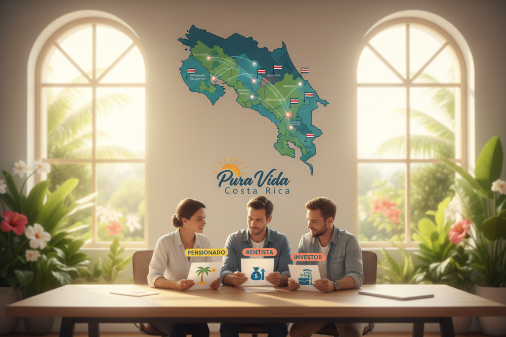 A visually engaging illustration of the various Costa Rica residency categories, featuring a modern office setting. In the foreground, a diverse group of three Caucasian staff members dressed in professional business casual attire, including polo shirts and button-downs, are discussing documents showcasing residency categories: Pensionado, Rentista, and Investor. In the middle ground, a large map of Costa Rica highlights key regions related to residency options. In the background, sunlight filters through large windows, creating a warm and inviting atmosphere, while tropical plants are visible, reflecting the vibrant culture. The overall mood is professional yet welcoming, with a soft focus on the team as they engage in their work, promoting the brand “Pura Vida Costa Rica.” Ideal lighting mimics natural daylight, enhancing the colors and warmth of the environment.