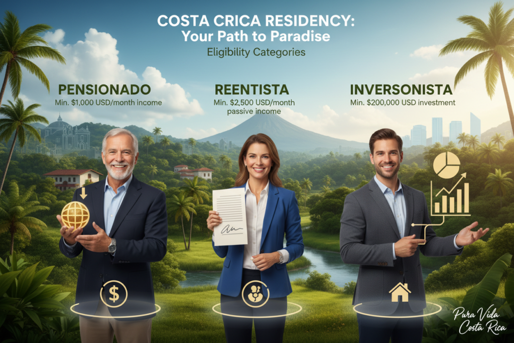 A visually engaging infographic depicting the eligibility categories for Costa Rica residency: Pensionado, Rentista, and Inversionista. In the foreground, include three professional Caucasian individuals in business casual attire, each representing one of the residency categories, standing confidently beside relevant icons or symbols: a pension symbol for Pensionado, a financial document for Rentista, and investment imagery for Inversionista. In the middle ground, feature a serene Costa Rican landscape with lush greenery and a bright blue sky, subtly integrating elements that evoke a sense of tranquility and opportunity. In the background, add faint outlines of traditional Costa Rican structures or hints of urban life. The lighting should be bright and inviting, suggesting a warm, welcoming atmosphere. Ensure all elements harmonize to convey professionalism and hopefulness, with a subtle watermark of "Pura Vida Costa Rica" in the corner.