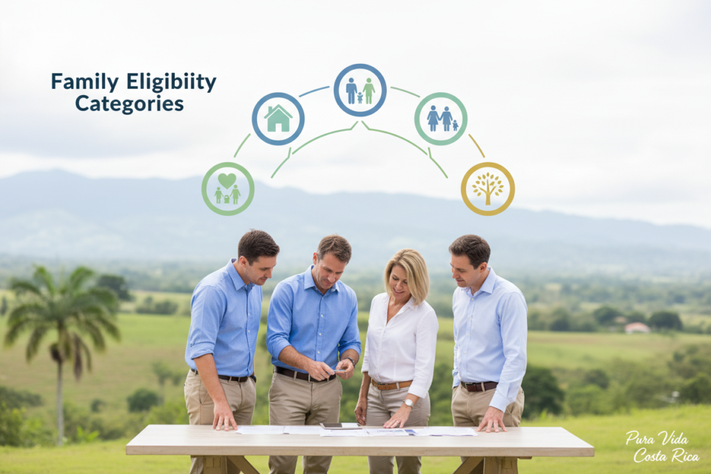 A visually engaging infographic illustrating the "Family Eligibility Categories" for Costa Rican residency. Foreground features four diverse Caucasian individuals dressed in smart business casual attire, such as polo shirts and button-downs, standing around a table, analyzing documents. In the middle ground, various family-related icons (like a house, a heart, and icons representing children and parents) are arranged in a circular pattern, symbolizing connection and support. The background is a soft-focus view of lush Costa Rican landscapes, enhancing the theme of paradise. The lighting is bright and optimistic, creating a welcoming atmosphere. A subtle branding element can be included, rendering "Pura Vida Costa Rica" stylishly in the corner to tie the image to the theme. The composition is designed to be informative yet visually appealing, without any text or distractions.
