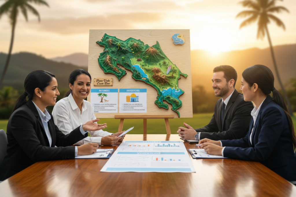 A visually engaging representation of Costa Rica's residency categories and eligibility. In the foreground, include a diverse group of professional individuals dressed in business casual attire, discussing documents and charts that symbolize residency categories: retirees, investors, and workers. In the middle ground, display a stylized map of Costa Rica, featuring iconic landscapes and landmarks, such as lush forests and beaches, subtly hinting at the lifestyle benefits of residency. In the background, soften the sky with warm, golden light of a sunset, creating an inviting and optimistic mood. Include the brand name "Pura Vida Costa Rica" in an elegant, subtle manner within the scene, ensuring no text overlays distract from the main focus. The scene should evoke a sense of professionalism and opportunity in a serene Costa Rican setting.