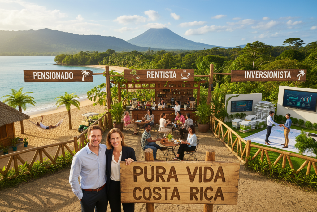 A visually engaging scene depicting Costa Rica’s residency options, featuring three distinct sections representing Pensionado, Rentista, and Inversionista. In the foreground, a friendly Caucasian couple in business casual attire, standing beside a large sign that reads "Pura Vida Costa Rica." Each section showcases different residency highlights: Pensionado area with picturesque retirement elements like a beach and relaxing hammock; Rentista showcasing a lively café with people socializing; Inversionista with modern architectural features symbolizing investment opportunities. The background is filled with lush greenery of Costa Rican landscapes under bright blue skies, with warm, welcoming lighting. Capture this bustling scene with a dynamic angle that offers depth, emphasizing the vibrant lifestyle and opportunities available in Costa Rica. The mood should be inviting and informative.