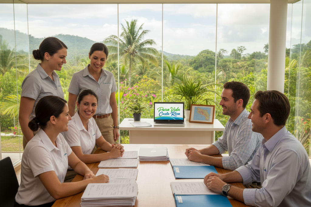 A welcoming office environment focused on the Costa Rica residency process. In the foreground, a diverse group of Caucasian staff members dressed in business casual attire, such as polo shirts and button-downs, are engaged in a friendly discussion around a table filled with residency application documents. In the middle ground, an open laptop displays the "Pura Vida Costa Rica" logo, accompanied by various immigration forms and a map of Costa Rica. The background features large windows with bright natural light pouring in, showcasing a lush tropical landscape outside. The scene conveys a positive and informative atmosphere, emphasizing professionalism and support in the residency process with soft, warm lighting that enhances the inviting feel of the office space. A welcoming office environment focused on the Costa Rica residency process. In the foreground, a diverse group of Caucasian staff members dressed in business casual attire, such as polo shirts and button-downs, are engaged in a friendly discussion around a table filled with residency application documents. In the middle ground, an open laptop displays the "Pura Vida Costa Rica" logo, accompanied by various immigration forms and a map of Costa Rica. The background features large windows with bright natural light pouring in, showcasing a lush tropical landscape outside. The scene conveys a positive and informative atmosphere, emphasizing professionalism and support in the residency process with soft, warm lighting that enhances the inviting feel of the office space.