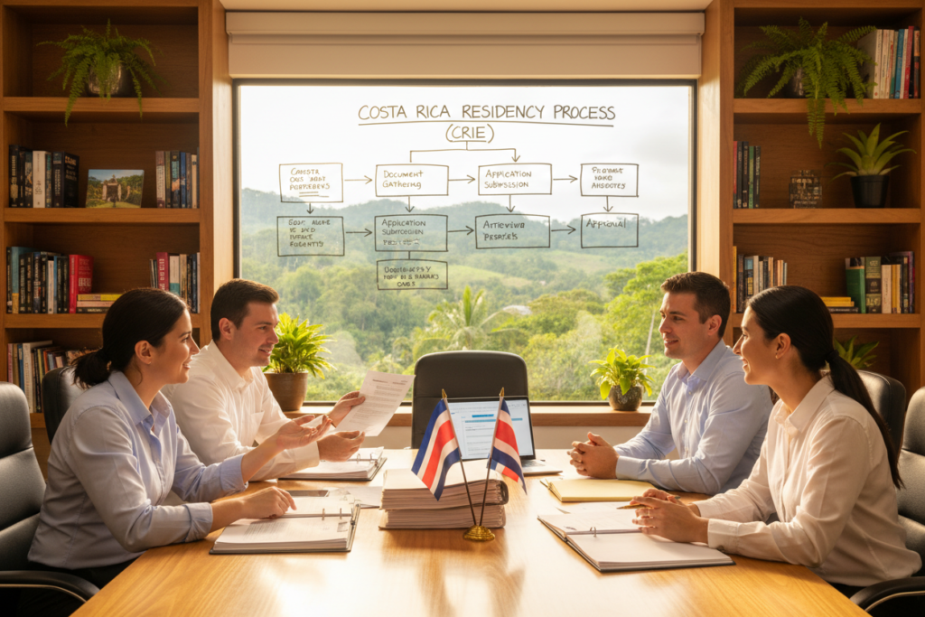 A well-lit office setting focused on the residency process for Costa Rica. In the foreground, a diverse group of professionals, including Caucasian staff in business casual attire (polos and button-down shirts), are gathered around a table filled with documents, a laptop, and Costa Rican flags. In the middle ground, a large whiteboard displays a flowchart outlining the steps of the Costa Rica residency process (CRIE). The background features shelves filled with books about Costa Rica, plants typical of the region, and a window revealing a glimpse of lush Costa Rican greenery. Aim for a bright, optimistic atmosphere, symbolizing hope and opportunity, with warm lighting that highlights the staff's focused expressions as they collaborate. Include the brand name "Pura Vida Costa Rica" subtly integrated into the scene.