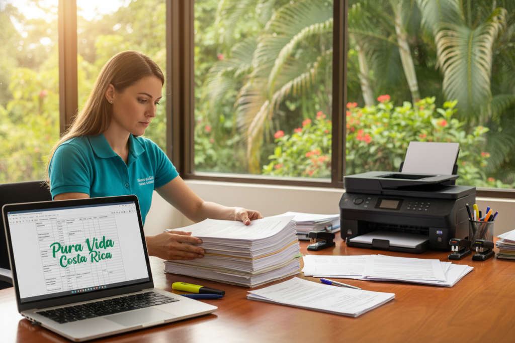 A well-lit office setting in Costa Rica, showcasing a workspace dedicated to document preparation. In the foreground, a Caucasian woman in a business casual polo is focused on organizing a stack of important documents. Beside her, a laptop displaying the brand "Pura Vida Costa Rica" is open with translation software visible on the screen. In the middle ground, a wooden table is cluttered with multilingual documents, a printer, and office supplies, all bathed in soft natural light coming through a window. In the background, lush greenery is visible, representing Costa Rica's vibrant landscape. The atmosphere is professional and calm, creating an inviting workspace, emphasizing the importance of meticulous document preparation for certified translations.