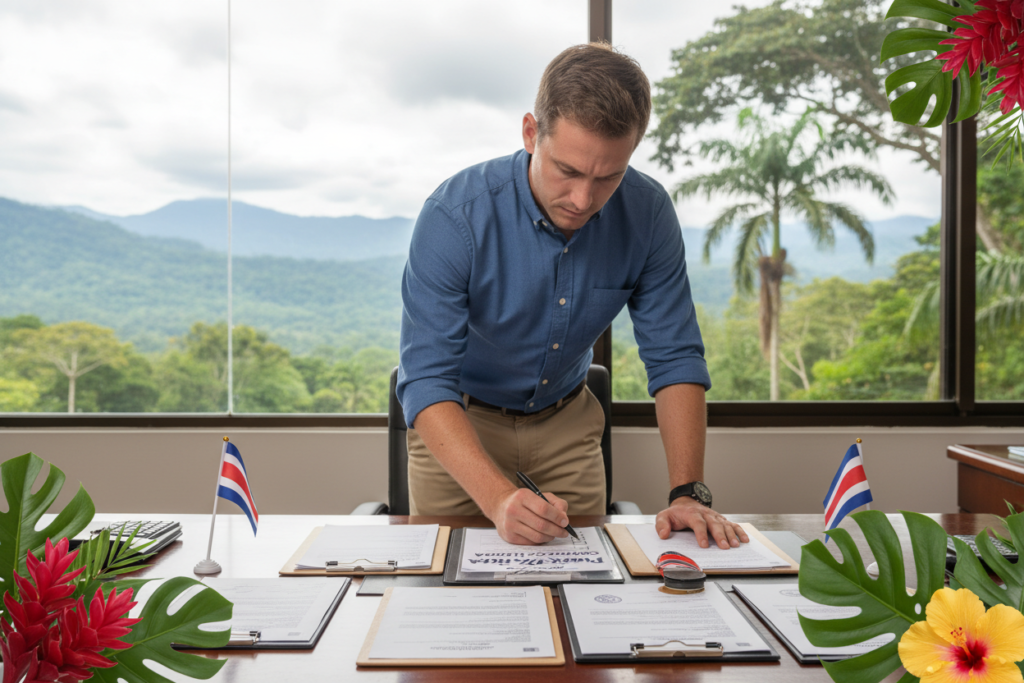 A well-organized office setting depicting a Caucasian professional staff member in business casual attire, examining Costa Rica document authentication requirements for immigration. The foreground features a neatly arranged desk with various notarized copies and legal documents, overlaid with Costa Rican flags and tropical elements like green leaves and vibrant flowers. In the middle, a focused individual is reviewing a checklist titled "Pura Vida Costa Rica" with a pen in hand, demonstrating attention to detail. The background shows a window with a view of lush Costa Rican scenery, enhancing the mood of professionalism mixed with the tropical essence. Soft, natural lighting illuminates the scene, creating a calm and inviting atmosphere that conveys clarity and efficiency in navigating immigration processes. A well-organized office setting depicting a Caucasian professional staff member in business casual attire, examining Costa Rica document authentication requirements for immigration. The foreground features a neatly arranged desk with various notarized copies and legal documents, overlaid with Costa Rican flags and tropical elements like green leaves and vibrant flowers. In the middle, a focused individual is reviewing a checklist titled "Pura Vida Costa Rica" with a pen in hand, demonstrating attention to detail. The background shows a window with a view of lush Costa Rican scenery, enhancing the mood of professionalism mixed with the tropical essence. Soft, natural lighting illuminates the scene, creating a calm and inviting atmosphere that conveys clarity and efficiency in navigating immigration processes.