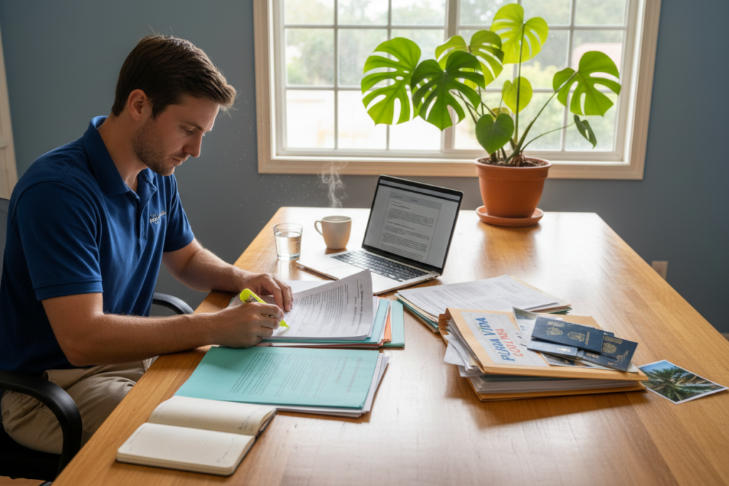 A well-organized workspace focused on document preparation for a residency application in Costa Rica. In the foreground, a Caucasian staff member in business casual attire, such as a polo shirt, carefully reviews a stack of colorful application forms, highlighting important sections with a yellow marker. The middle ground includes a wooden desk cluttered with a laptop, a coffee cup, and a folder labeled “Pura Vida Costa Rica” filled with essential documents. In the background, a bright window casts natural light into the room, with a green plant adding a touch of warmth, creating a motivating and professional atmosphere. The scene conveys diligence and focus, emphasizing the organization and attention to detail in the application process.