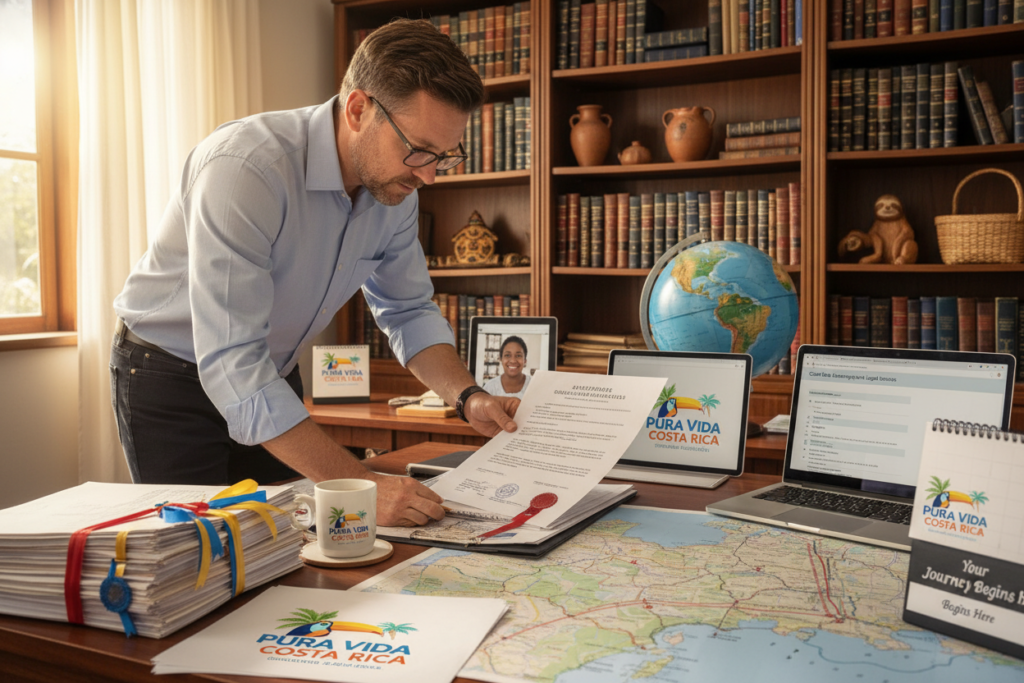 A well-organized workspace showcasing the "Pura Vida Costa Rica" brand, featuring a desk cluttered with documents and apostille certificates, highlighted in vibrant colors. In the foreground, a Caucasian professional in business casual attire (polo/button-down) examines an apostille, displaying a look of concentration. The middle ground incorporates a globe and maps of Costa Rica, symbolizing immigration procedures, alongside a laptop showing related information. The background features shelves filled with legal books and Costa Rican cultural artifacts, bathed in warm, natural light, suggesting a calm and professional atmosphere. The angle captures the depth of the workspace, emphasizing the importance of apostilles in legal matters while maintaining a friendly ambiance.
