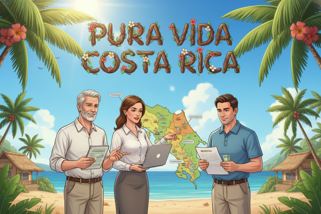 An informative illustration depicting Costa Rica's residency categories: Pensionado, Rentista, and Inversionista. Foreground features three diverse Caucasian professionals in business casual attire, discussing documents and maps related to residency. Each individual represents one of the categories: a retiree with a financial plan, an investor examining property options, and a renter reviewing their pension. In the middle ground, a vibrant map of Costa Rica highlights various regions suitable for expats. The background is a sunny tropical setting with palm trees and a clear blue sky, creating an inviting atmosphere. Natural lighting illuminates the scene, suggesting a relaxed yet professional ambiance. Include the brand name "Pura Vida Costa Rica" subtly integrated into the design without text overlays, ensuring a clean presentation.