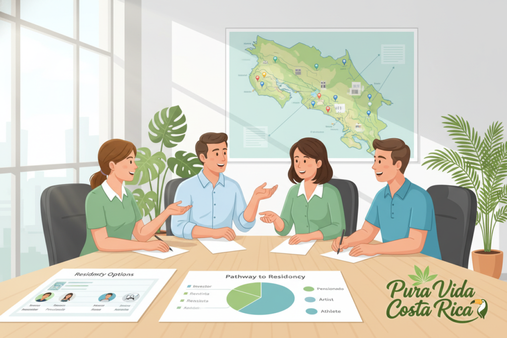 An informative illustration for "Costa Rica residency categories overview," featuring a friendly, diverse team of Caucasian staff in business casual attire, consisting of polo and button-down shirts, engaged in a collaborative discussion around a table. The foreground showcases detailed charts and infographics highlighting different residency options, including artist and athlete categories, with the brand name "Pura Vida Costa Rica" incorporated in a visually appealing way. In the middle ground, a large map of Costa Rica is pinned on the wall, adorned with colorful markers indicating residency locations. The background features tropical plants and a bright, airy office environment illuminated by natural light streaming through large windows, creating a welcoming, professional atmosphere that emphasizes clarity and understanding of residency options. The overall mood is upbeat and informative.