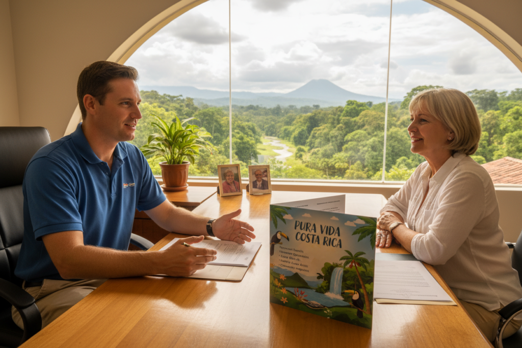 Depict a serene office setting that showcases the essence of Costa Rican residency eligibility requirements, focusing on a professional staff member. The foreground features a Caucasian individual dressed in business casual attire, such as a polo shirt, engaged in a conversation with a client. The middle ground is filled with relevant documents and visuals, displaying the title "Pura Vida Costa Rica" prominently on a brochure that highlights the benefits of residency. In the background, a lush view of Costa Rica's tropical landscapes through a large window adds natural beauty and warmth to the scene. Soft, natural lighting filters through, creating an inviting and hopeful atmosphere, reflecting the journey of securing residency after the loss of a spouse. Capture this moment from an eye-level angle to convey intimacy and professionalism.
