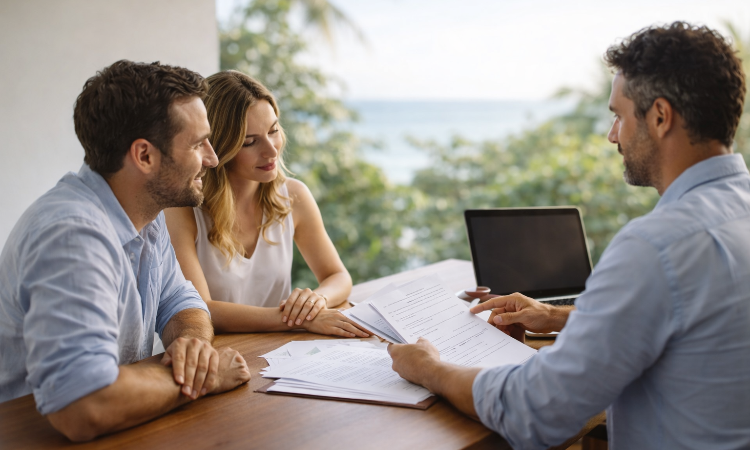 Couple meeting with advisor reviewing documents for Costa Rica residency