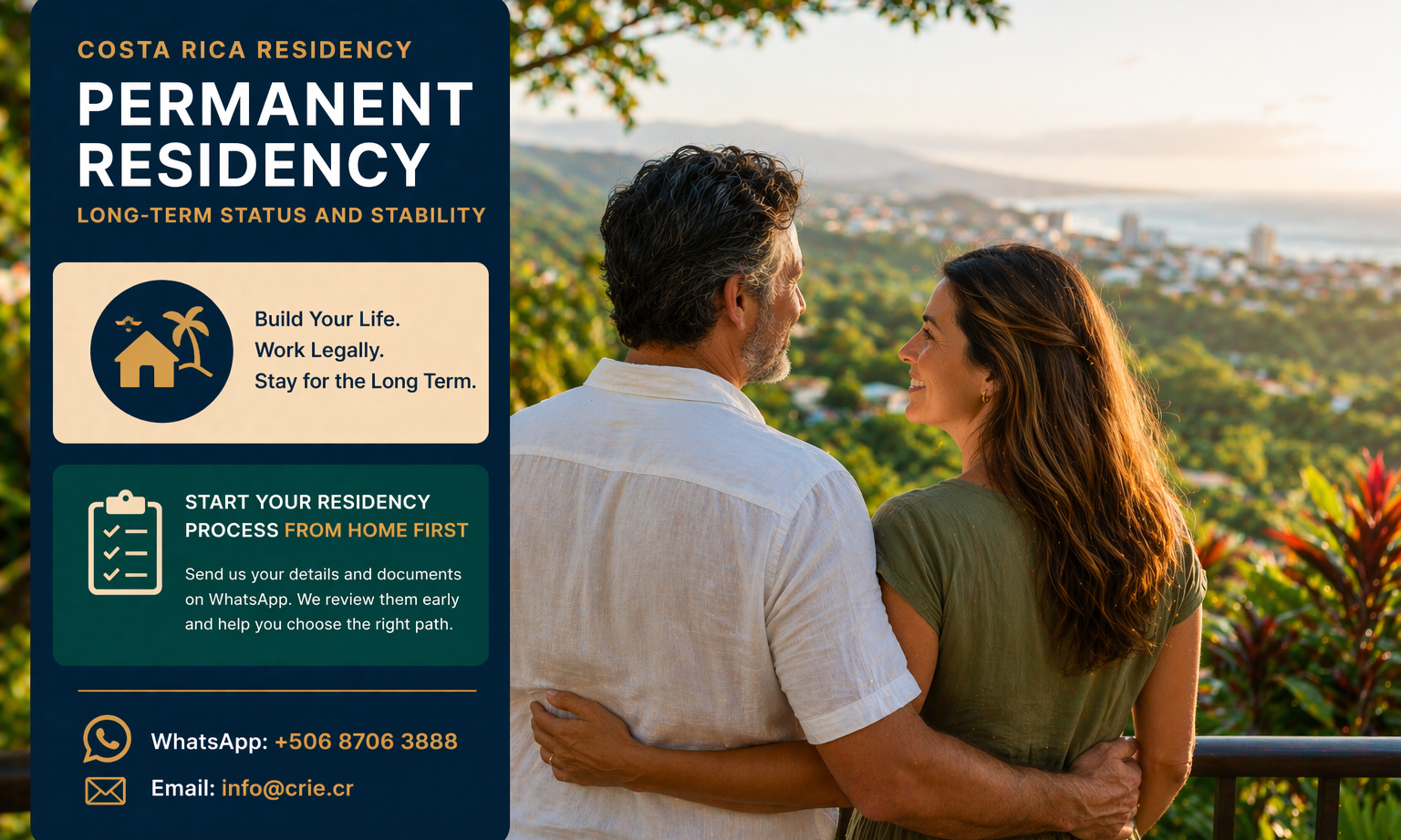 Couple overlooking Costa Rica landscape representing long term permanent residency lifestyle