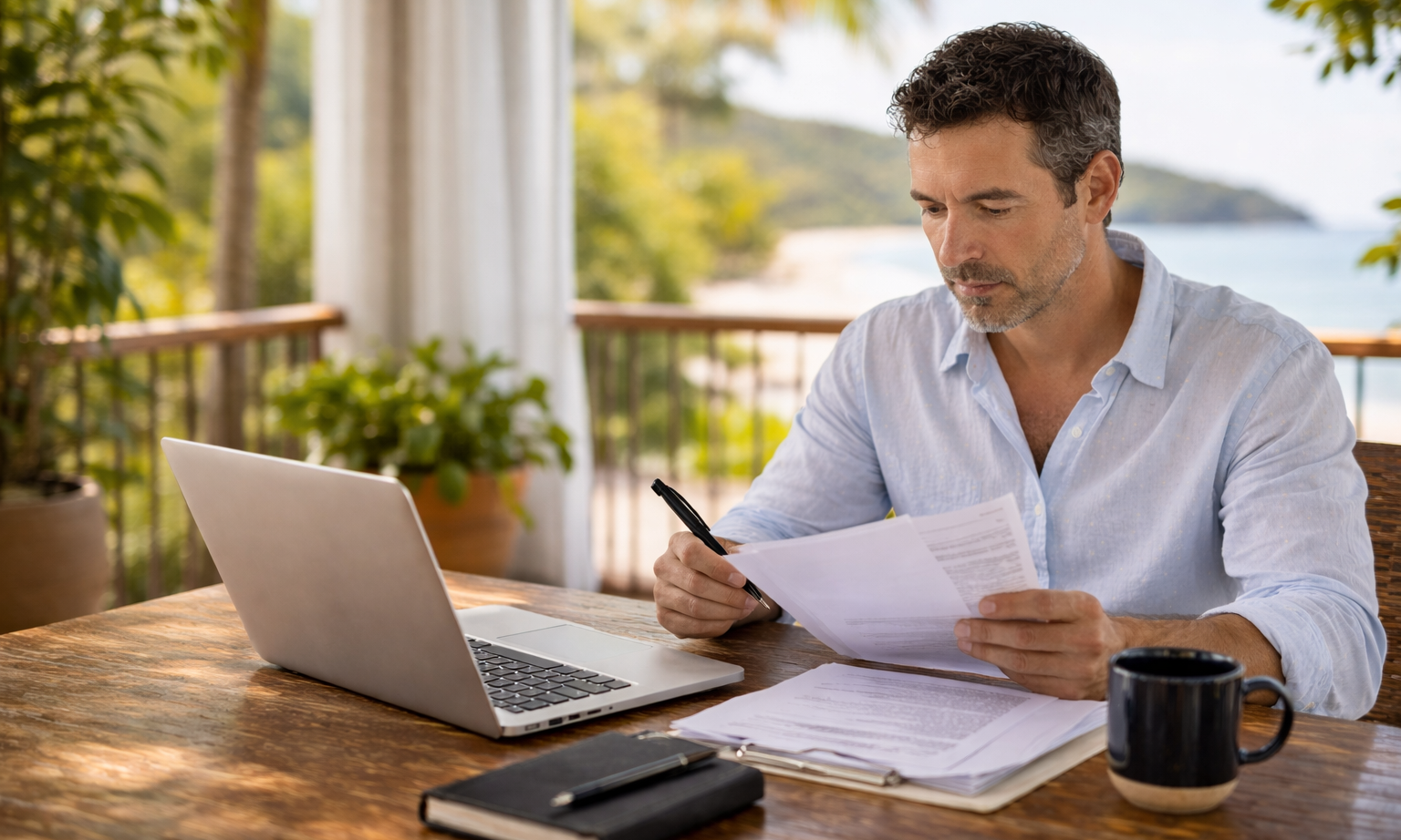Man reviewing documents and working on laptop before applying for Costa Rica digital nomad visa