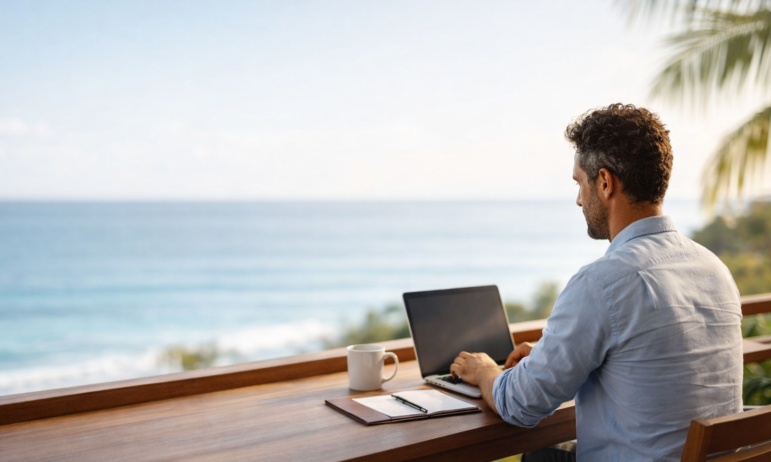 Man working remotely on laptop from a tropical terrace in Costa Rica overlooking the ocean