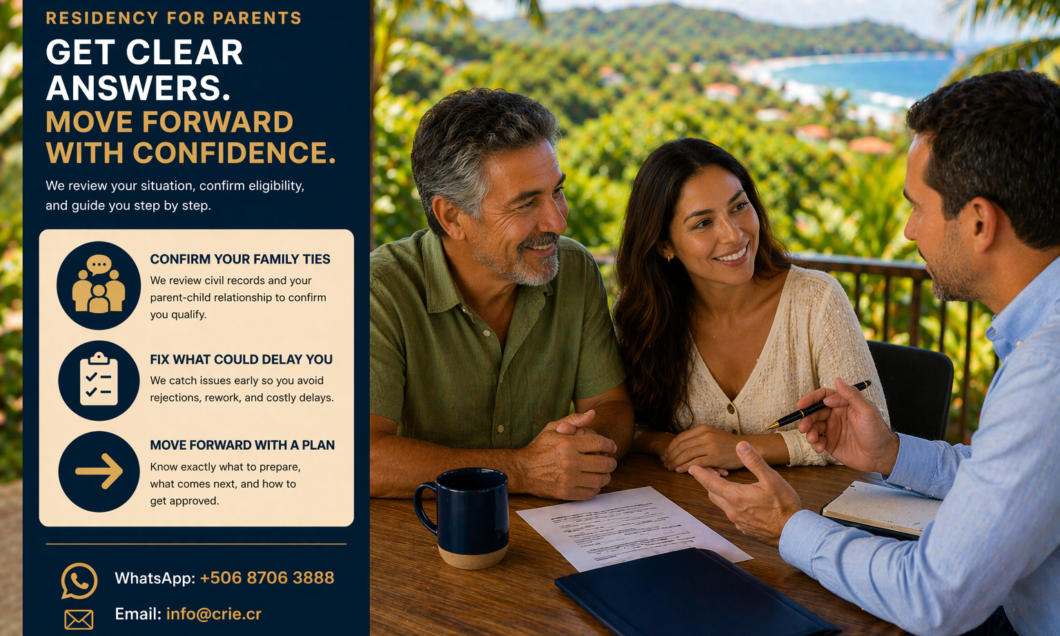 Parent consulting with advisor about residency application and family ties documentation in Costa Rica