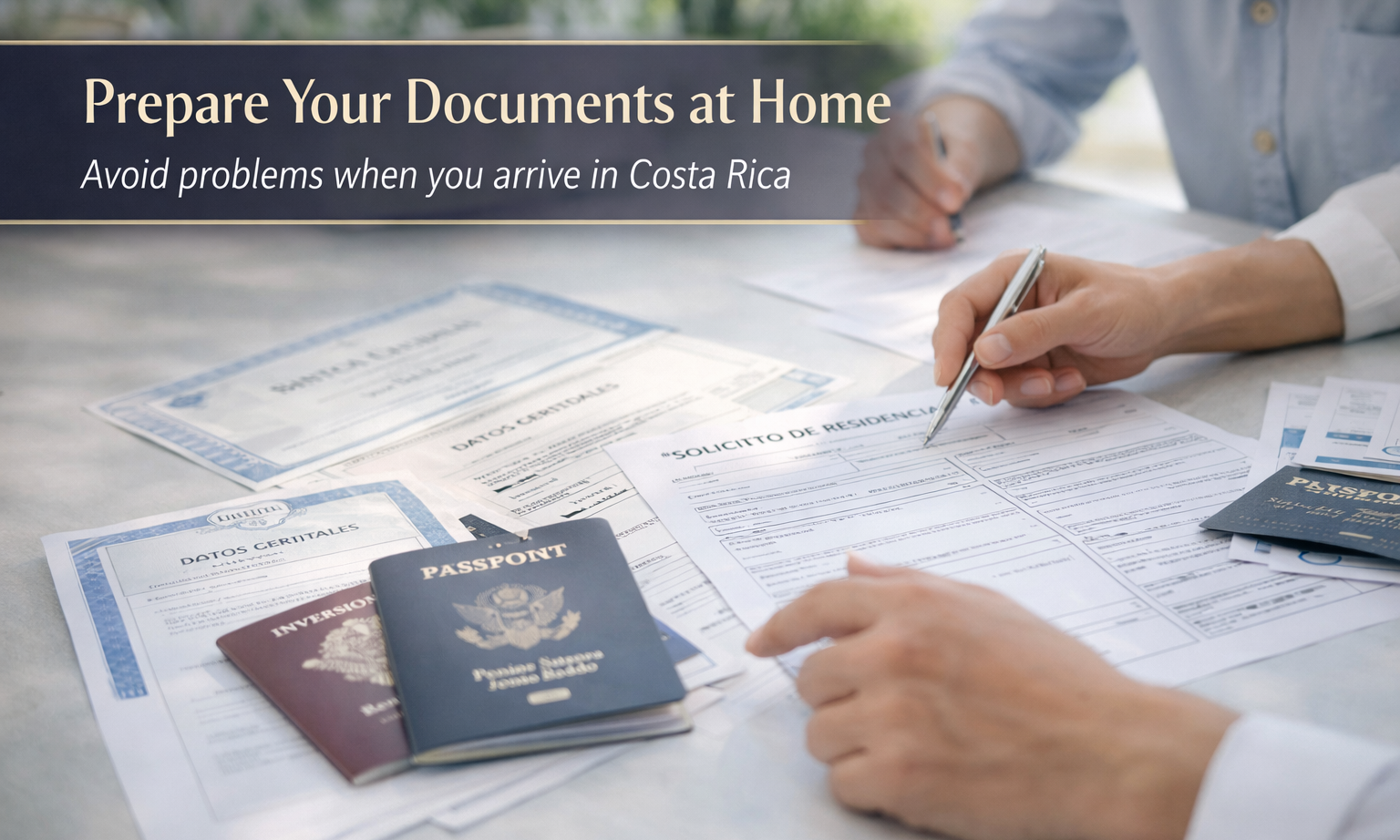 organizing residency documents including passport and application forms for Costa Rica residency