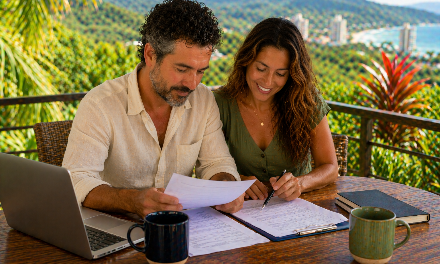 Couple reviewing work permit documents before starting process in Costa Rica