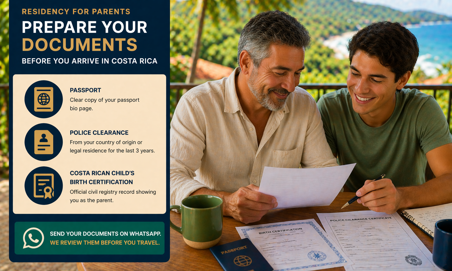 Parent and adult child reviewing residency documents before moving to Costa Rica