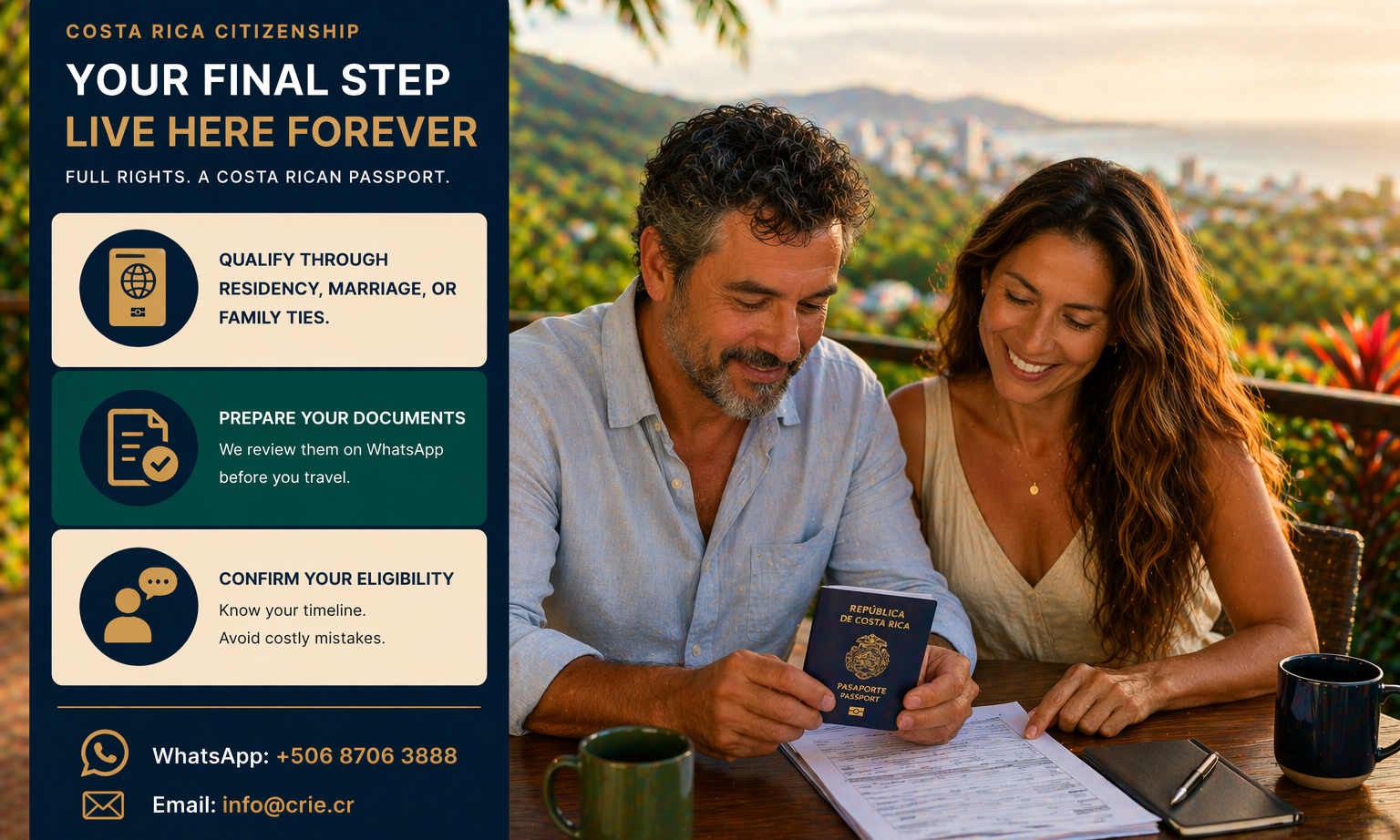 Couple enjoying long term life in Costa Rica representing citizenship and permanent status