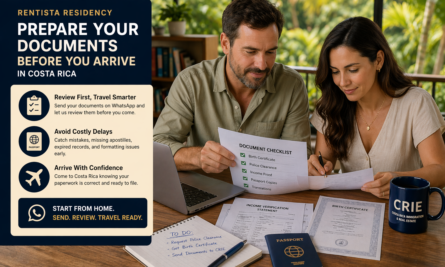 Couple preparing residency documents before moving to Costa Rica including income proof and civil documents