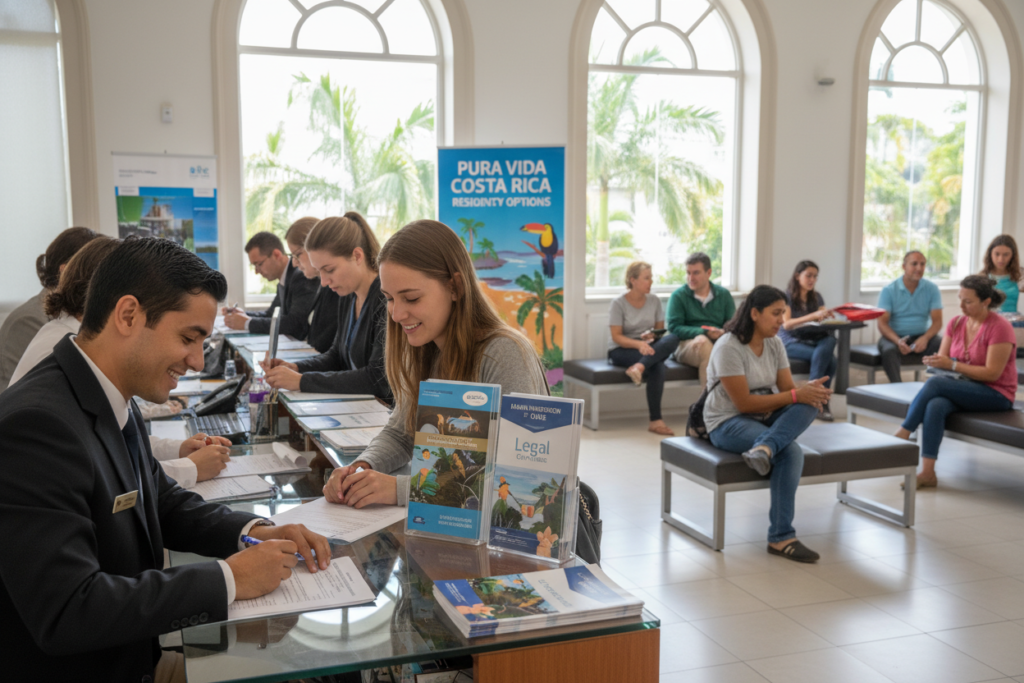 A Costa Rican immigration office interior during a busy day, showcasing a diverse group of Caucasian staff in professional business casual attire, assisting clients with the immigration process. In the foreground, a friendly immigration officer helps a client fill out paperwork, both focused and engaged. In the middle ground, other clients wait patiently at a desk, with informative brochures about residency options prominently displayed, including "Pura Vida Costa Rica." The background features large windows allowing natural light to flood the room, creating a welcoming atmosphere. The overall mood is professional yet friendly, emphasizing the supportive environment of legal immigration. The angle captures the interaction and atmosphere without any text or distractions.