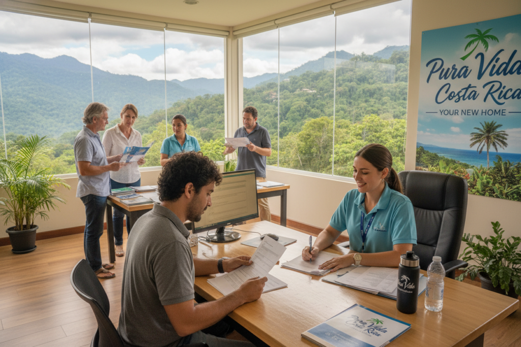 A bustling Costa Rican office scene focused on the residency application process. In the foreground, a friendly Caucasian staff member in business casual attire, such as a polo shirt and button-down, is assisting a client with paperwork at a modern desk. In the middle ground, several applicants are engaged in discussions, surrounded by official documents and brochures about residency requirements. The background shows large windows with views of lush green jungles and mountains, highlighting the beauty of Costa Rica. Soft, natural lighting filters through, creating a warm and welcoming atmosphere. The brand name "Pura Vida Costa Rica" is subtly integrated into the scene, perhaps on a poster on the wall, emphasizing the focus on a positive living experience in Costa Rica amidst the application process.