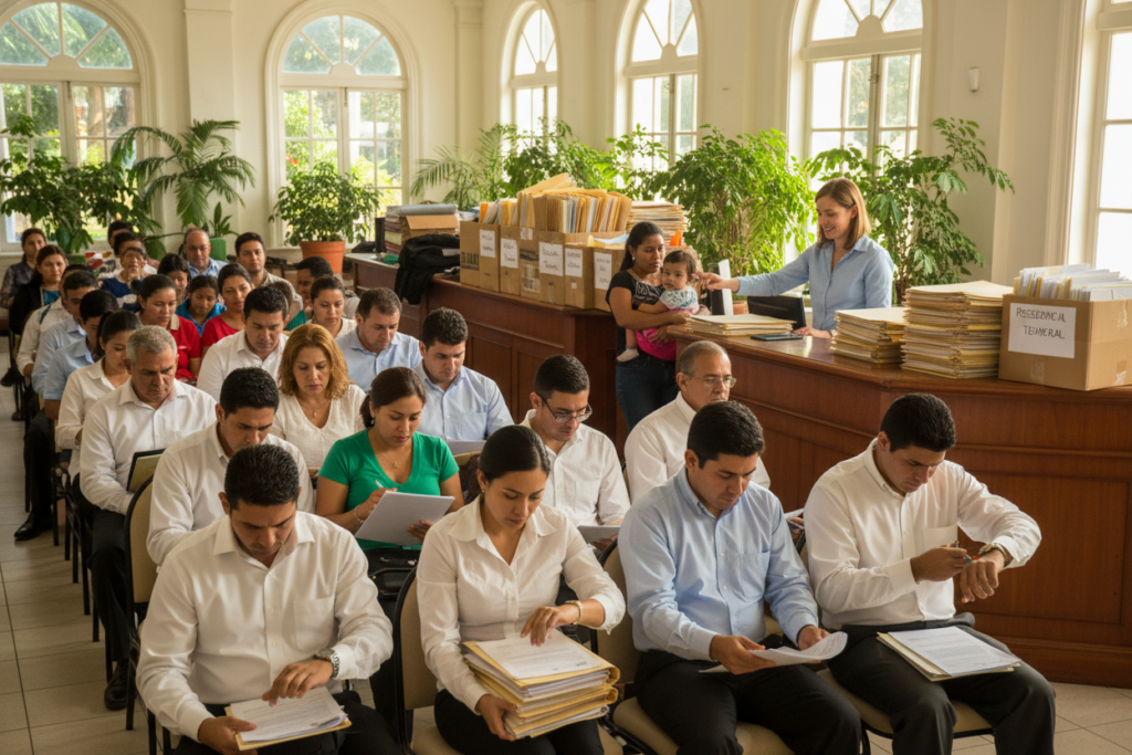 A busy immigration office scene in Costa Rica, showcasing a backlog of applicants waiting for residency approval. In the foreground, a diverse group of people dressed in business casual attire (polo and button-down shirts) can be seen patiently sitting in chairs, some looking at their paperwork while others check their watches. The middle ground features a reception desk with a Caucasian staff member assisting a customer, surrounded by stacks of paperwork and folders labeled "Pura Vida Costa Rica." The background illustrates an office space with a warm, inviting atmosphere, filled with natural light streaming through large windows. Soft shadows play across the room, creating a sense of urgency and anticipation. Overall, the mood conveys the stress and hopefulness associated with the immigration process.