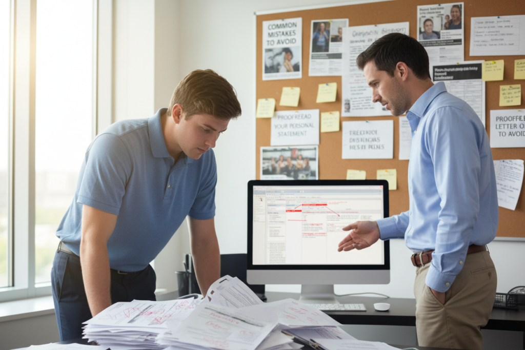 A busy office environment illustrating common residency application errors. In the foreground, a worried Caucasian medical student, dressed in a business casual polo shirt, is examining a messy stack of application papers with red marks highlighting mistakes. In the middle ground, a helpful Caucasian advisor in a button-down shirt points out errors on a computer screen displaying a sample application. The background features a wall with a corkboard filled with pinned articles and reminders about 'common mistakes to avoid'. Soft, natural lighting filters in through a window, creating a focused and slightly tense atmosphere. The composition emphasizes the importance of careful review and attention to detail in the application process.