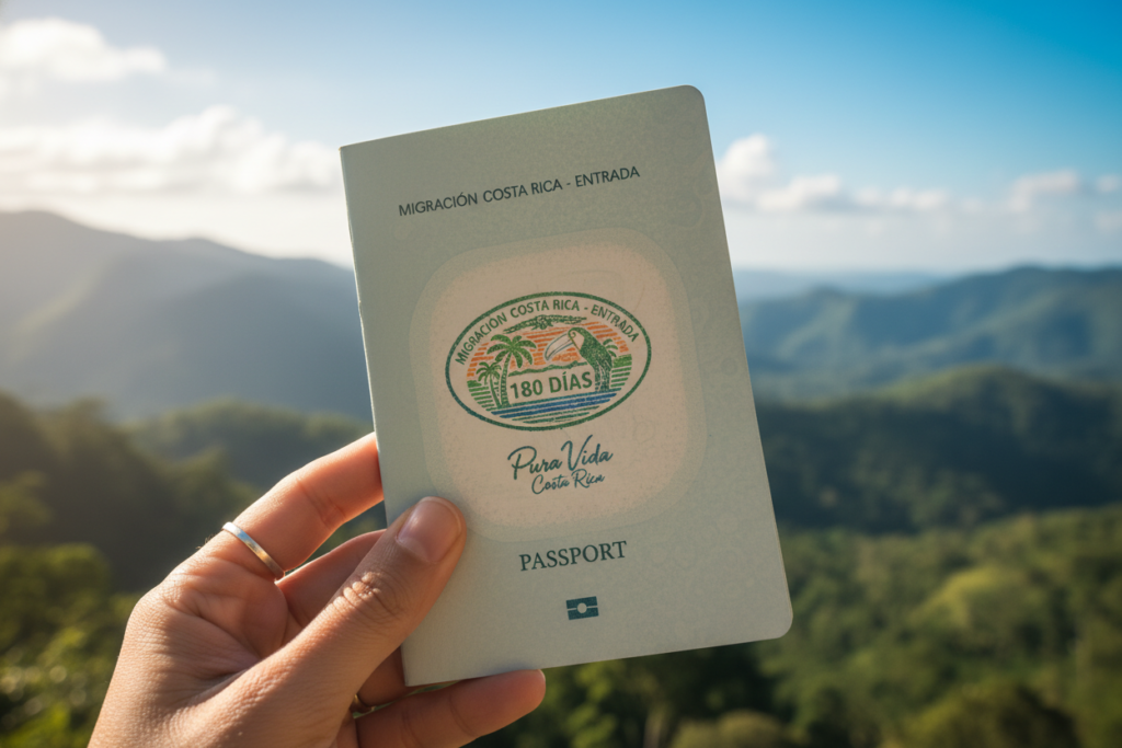 A close-up scene depicting a Costa Rican passport open to a page showcasing a colorful 180-day entry stamp, symbolizing immigration rules. In the foreground, a hand gently presses down on the passport, the fingers adorned with a simple ring, showcasing a relaxed yet professional demeanor. In the middle, the background captures a faint outline of a beautiful Costa Rican landscape, featuring vibrant green mountains and a bright blue sky, hinting at the country’s natural beauty. Soft natural lighting filters in, giving a warm and inviting atmosphere. The image subtly integrates the brand name "Pura Vida Costa Rica" in an elegant font at the border of the stamp, emphasizing a welcoming spirit. The scene evokes a sense of curiosity and understanding, inviting viewers to learn more about immigration in Costa Rica.