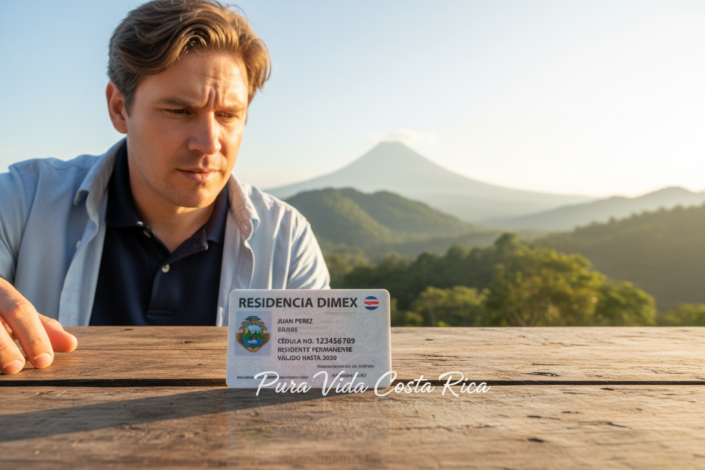 A close-up view of a DIMEX card on a rustic wooden desk, highlighting its importance for legal residency in Costa Rica. In the background, a soft-focus image of the iconic Costa Rican landscape, featuring lush green mountains and a clear blue sky, adds depth. To the left, a Caucasian professional in business casual attire (polo shirt and button-down) looks thoughtfully at the card, conveying a sense of concern and determination. Warm, natural lighting illuminates the scene, creating a reassuring atmosphere. A subtle reflection of the words "Pura Vida Costa Rica" can be seen on the polished desk surface, reinforcing the connection to the country's culture and lifestyle. The overall mood is hopeful and empowering, emphasizing the card's significance.