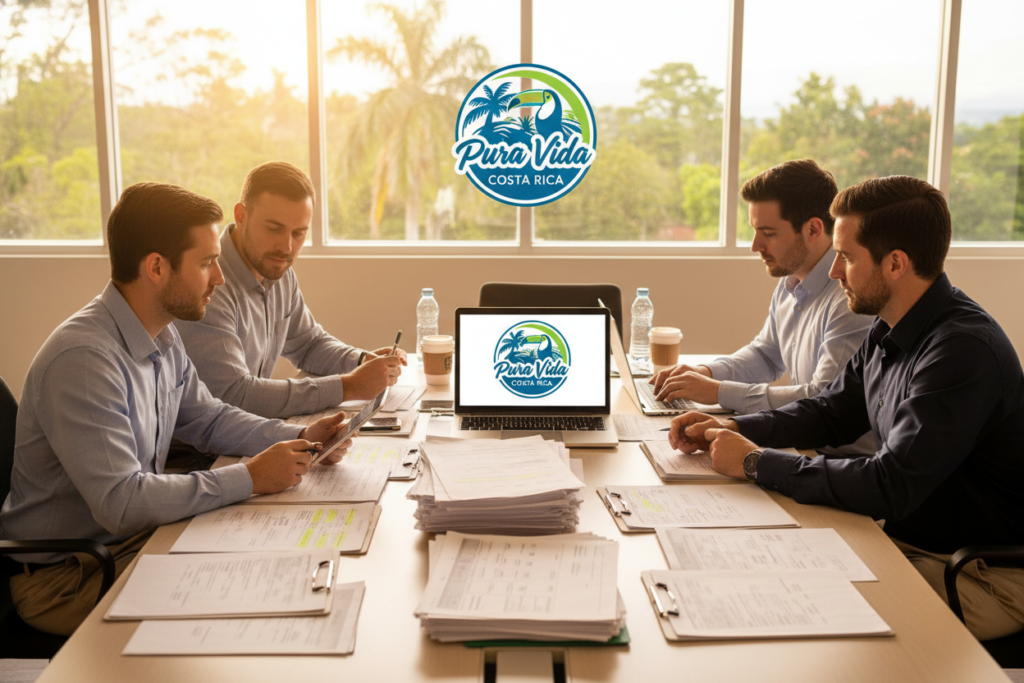 A detailed depiction of the Costa Rica residency application process in a modern office setting. In the foreground, a diverse group of Caucasian professionals in business casual attire, such as polo and button-down shirts, are engaged in discussions over documents and laptops. The middle ground features a large table cluttered with residency forms, checklists, and a laptop displaying the "Pura Vida Costa Rica" brand logo. In the background, a bright window lets in warm sunlight, creating a welcoming atmosphere that reflects the tropical essence of Costa Rica. The scene is well-lit, with soft, natural lighting emphasizing the seriousness yet approachable mood of the application process. The angle captures the collaborative effort of the professionals, symbolizing teamwork and guidance in navigating residency applications. A detailed depiction of the Costa Rica residency application process in a modern office setting. In the foreground, a diverse group of Caucasian professionals in business casual attire, such as polo and button-down shirts, are engaged in discussions over documents and laptops. The middle ground features a large table cluttered with residency forms, checklists, and a laptop displaying the "Pura Vida Costa Rica" brand logo. In the background, a bright window lets in warm sunlight, creating a welcoming atmosphere that reflects the tropical essence of Costa Rica. The scene is well-lit, with soft, natural lighting emphasizing the seriousness yet approachable mood of the application process. The angle captures the collaborative effort of the professionals, symbolizing teamwork and guidance in navigating residency applications.