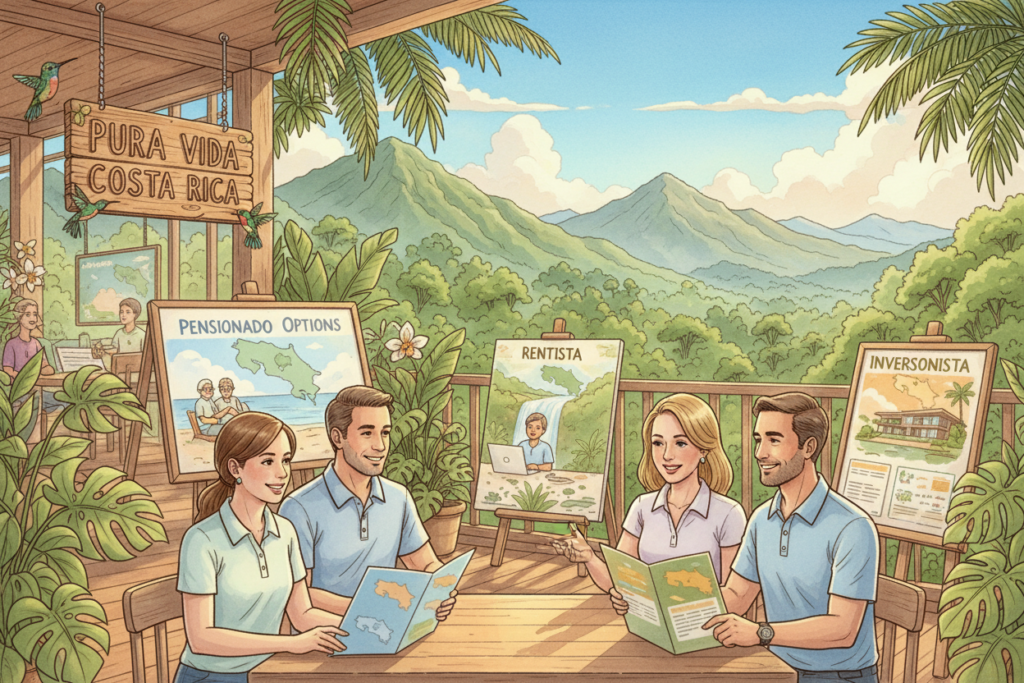 A detailed illustration of "Costa Rica residency pathways," featuring a scenic depiction of three key residency types: Pensionado, Rentista, and Inversionista. In the foreground, a diverse group of Caucasian individuals in professional business casual attire (polo/button-down shirts) discuss residency options at a vibrant outdoor café adorned with tropical plants. The middle ground showcases brochures and maps labeled with each residency pathway type in subtle colors. In the background, a scenic view of Costa Rica’s lush green mountains and blue sky under warm sunlight creates a welcoming atmosphere. The composition emphasizes clarity and warmth, inviting viewers to explore the possibilities of living in Costa Rica. Light filters through the leaves, casting gentle shadows, enhancing the inviting mood. "Pura Vida Costa Rica" can be subtly integrated into the scene through decorative elements, reflecting the essence of the destination. A detailed illustration of "Costa Rica residency pathways," featuring a scenic depiction of three key residency types: Pensionado, Rentista, and Inversionista. In the foreground, a diverse group of Caucasian individuals in professional business casual attire (polo/button-down shirts) discuss residency options at a vibrant outdoor café adorned with tropical plants. The middle ground showcases brochures and maps labeled with each residency pathway type in subtle colors. In the background, a scenic view of Costa Rica’s lush green mountains and blue sky under warm sunlight creates a welcoming atmosphere. The composition emphasizes clarity and warmth, inviting viewers to explore the possibilities of living in Costa Rica. Light filters through the leaves, casting gentle shadows, enhancing the inviting mood. "Pura Vida Costa Rica" can be subtly integrated into the scene through decorative elements, reflecting the essence of the destination.