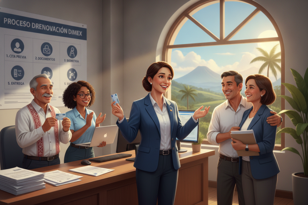 A detailed illustration of the DIMEX card renewal process in Costa Rica, featuring a professional office environment. Foreground: a friendly government official wearing a neat business outfit, assisting a diverse group of individuals—one older Costa Rican man, a young woman with a laptop, and a middle-aged couple—all engaged in discussion and celebrating the renewal process. Middle ground: a counter with an array of documents and a large poster displaying processing steps in the background. Background: a sunny Costa Rican landscape visible through a window, enhancing the warm atmosphere. Soft, natural lighting illuminates the scene, capturing an inviting and efficient ambiance that reflects the importance of the renewal process. Camera angle set at eye level for accessibility and intimacy.