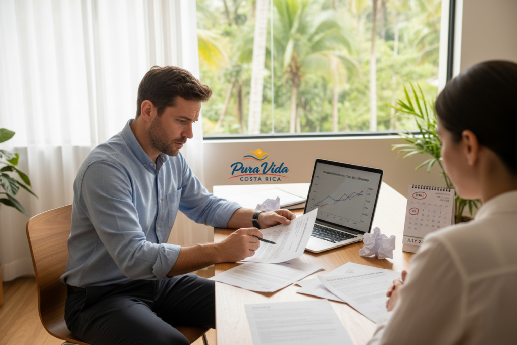 A detailed office scene depicting a professional consultation about immigration fines and penalties for overstaying in Costa Rica. In the foreground, a Caucasian staff member dressed in business casual attire (button-down shirt) sits at a sleek modern desk, reviewing documents labeled "Pura Vida Costa Rica" with a concerned expression. The middle ground features a laptop showing a graph of increasing penalties over time, while papers with fine amounts and a calendar are scattered around. In the background, a soft-focus window reveals lush Costa Rican greenery, suggesting the beautiful environment juxtaposed with serious legal concerns. The lighting is bright and inviting, creating a contemplative and professional atmosphere, shot from a slight angle to convey depth.